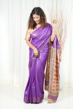 Load image into Gallery viewer, Hand Painted Madhubani Ghicha Tussar Silk Palla Slub Saree - Purple
