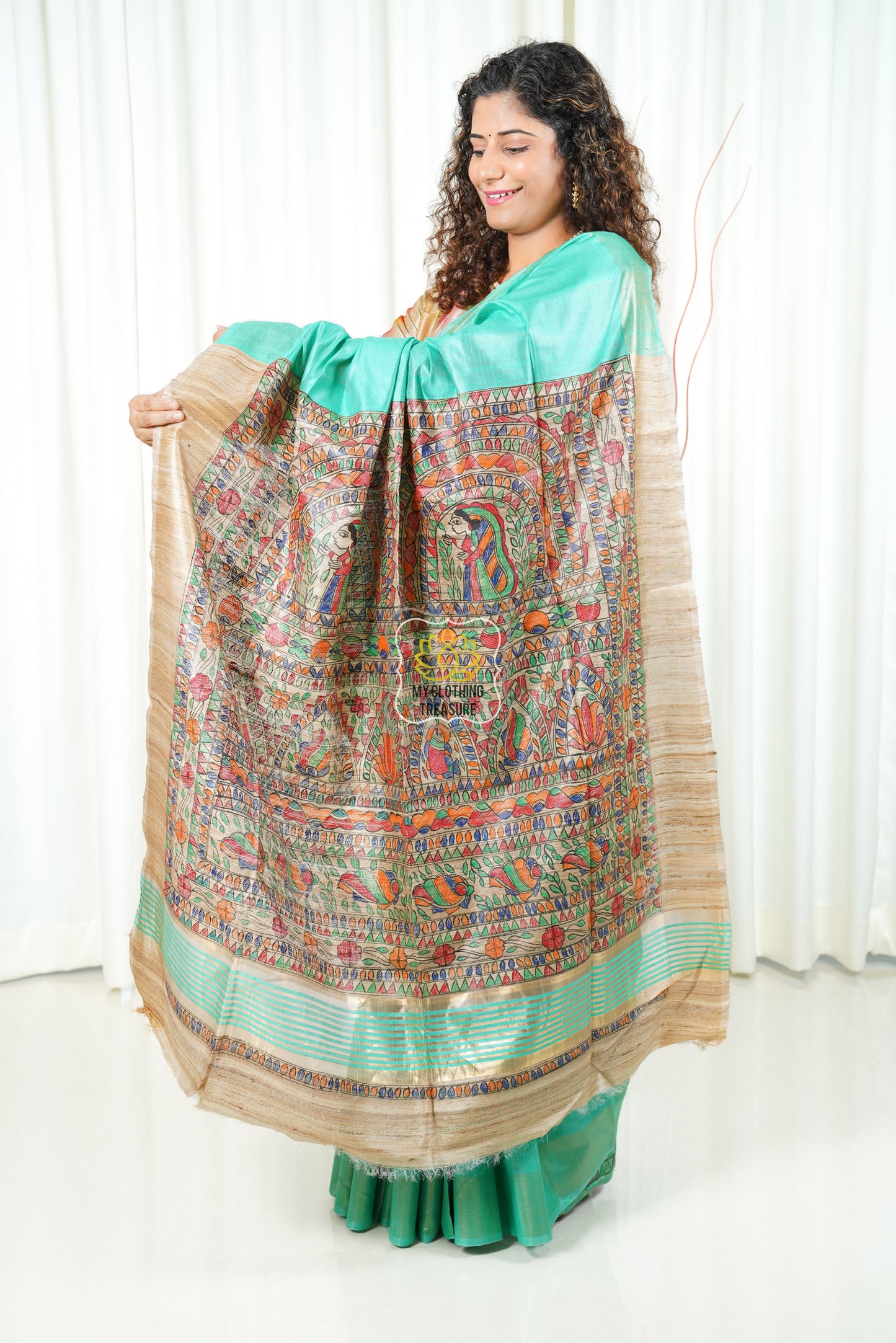 Hand Painted Madhubani Ghicha Tussar Silk Palla Slub Saree- Sea Green