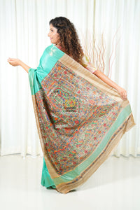 Hand Painted Madhubani Ghicha Tussar Silk Palla Slub Saree- Sea Green