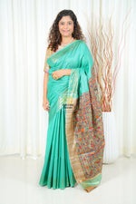 Load image into Gallery viewer, Hand Painted Madhubani Ghicha Tussar Silk Palla Slub Saree- Sea Green
