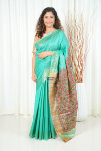 Hand Painted Madhubani Ghicha Tussar Silk Palla Slub Saree- Sea Green