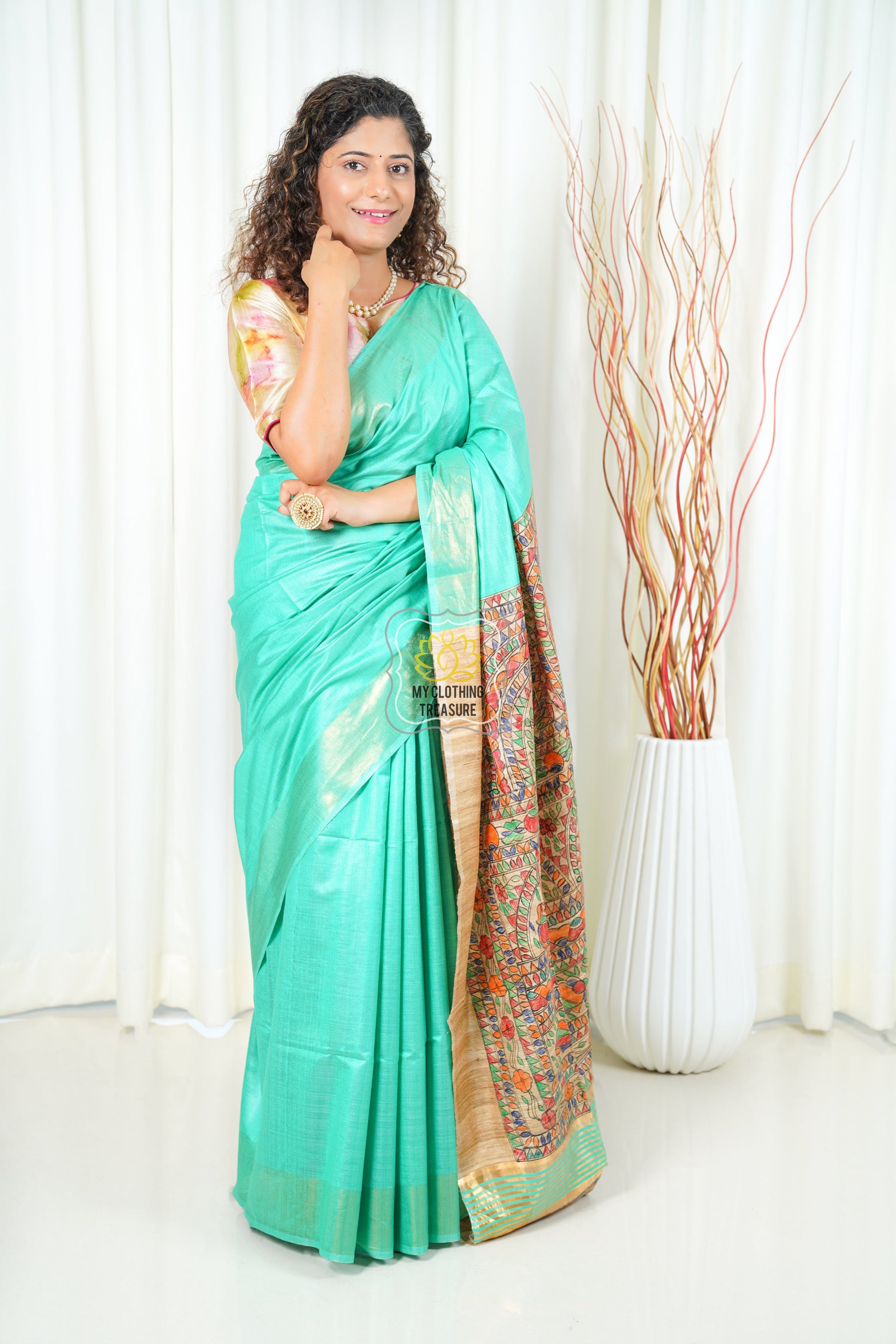 Hand Painted Madhubani Ghicha Tussar Silk Palla Slub Saree- Sea Green