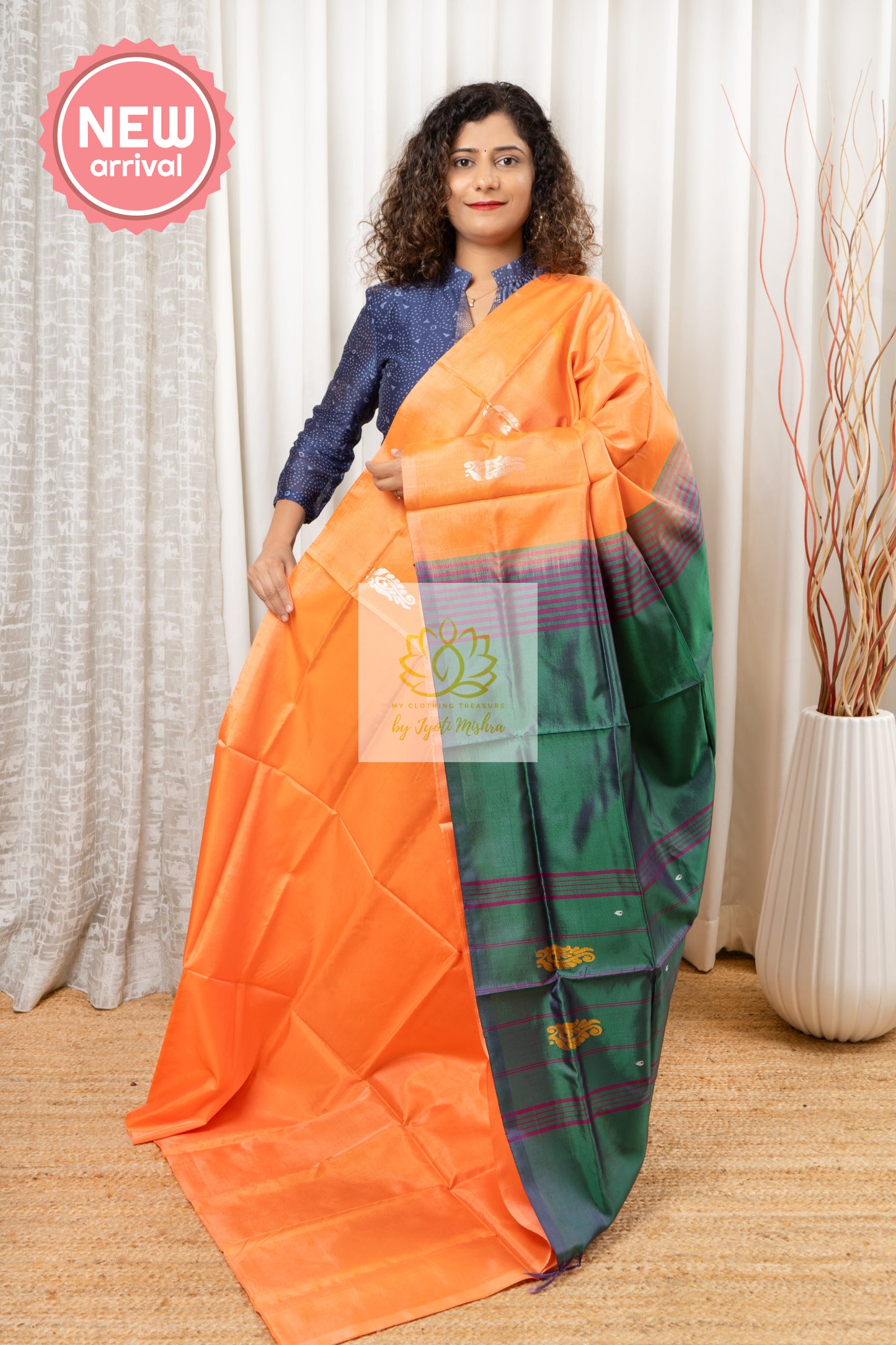 Handwoven Banana Pith Silk Saree- Peachy Orange & Green Saree