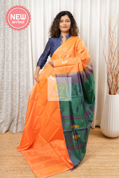 Handwoven Banana Pith Silk Saree- Peachy Orange & Green Saree