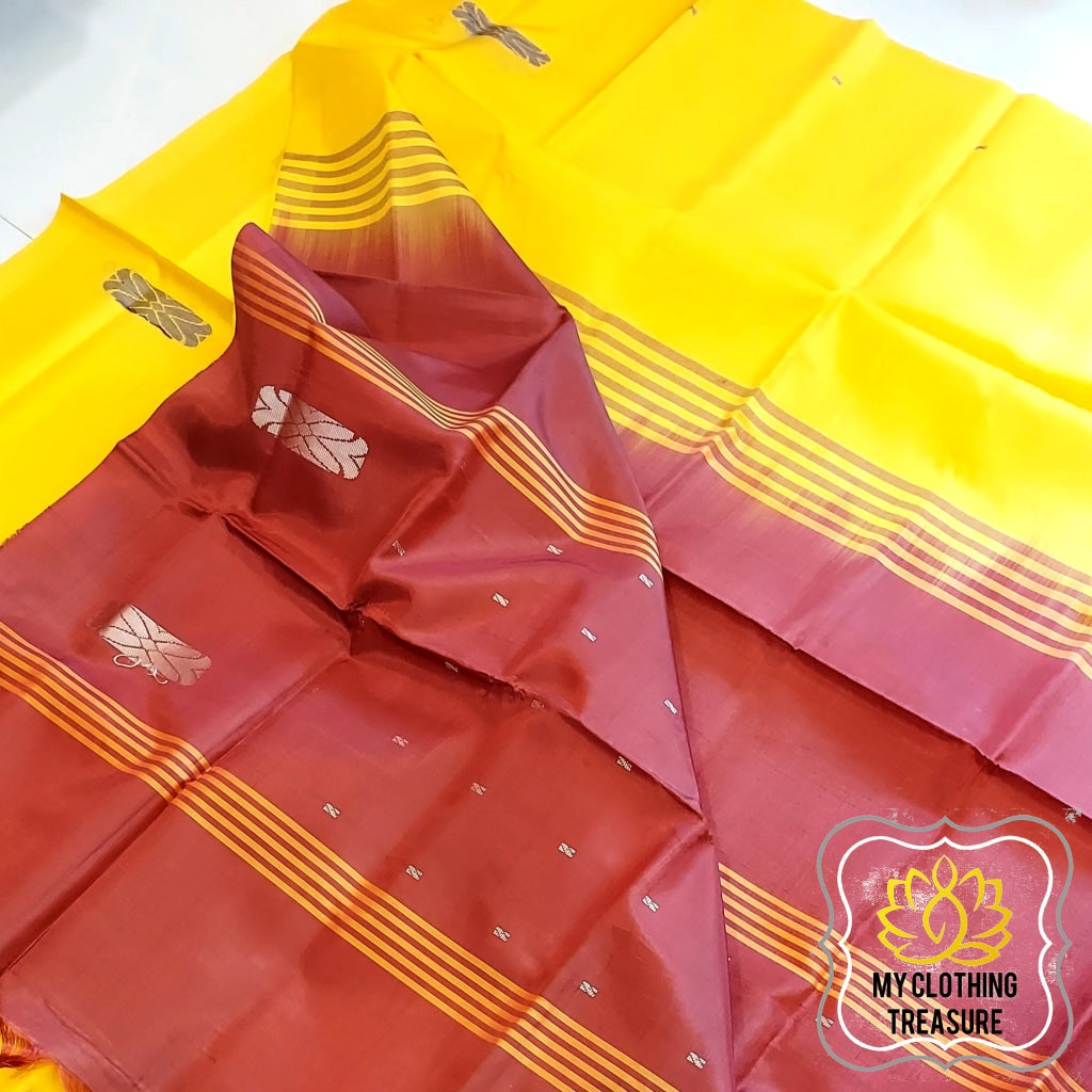 Handwoven Banana Pith Silk Saree- Yellow & Red Saree