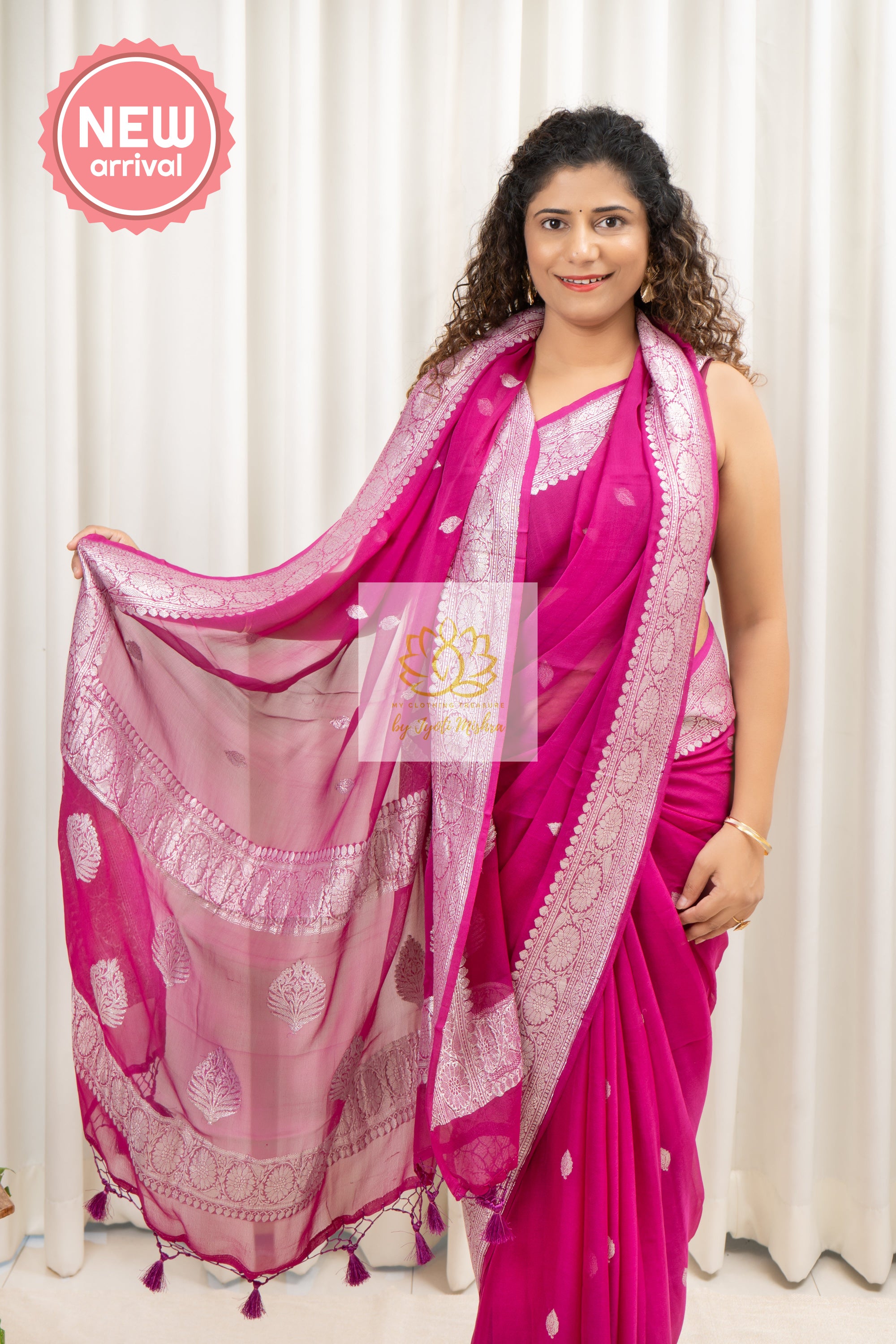 Handwoven Banarasi Khaddi Chiffon Saree- Deep Pink Saree