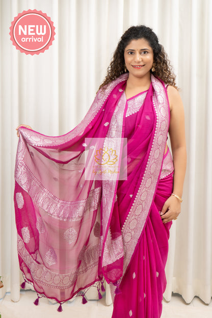 Handwoven Banarasi Khaddi Chiffon Saree- Deep Pink Saree