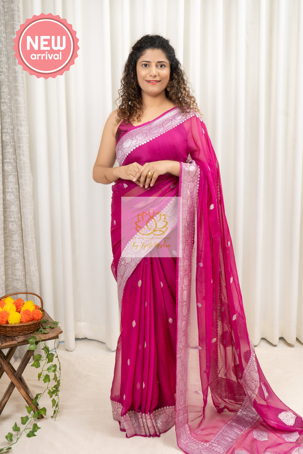 Handwoven Banarasi Khaddi Chiffon Saree- Deep Pink Saree