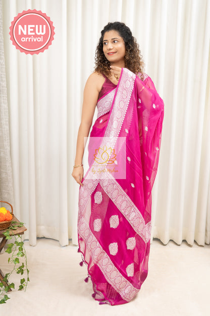 Handwoven Banarasi Khaddi Chiffon Saree- Deep Pink Saree