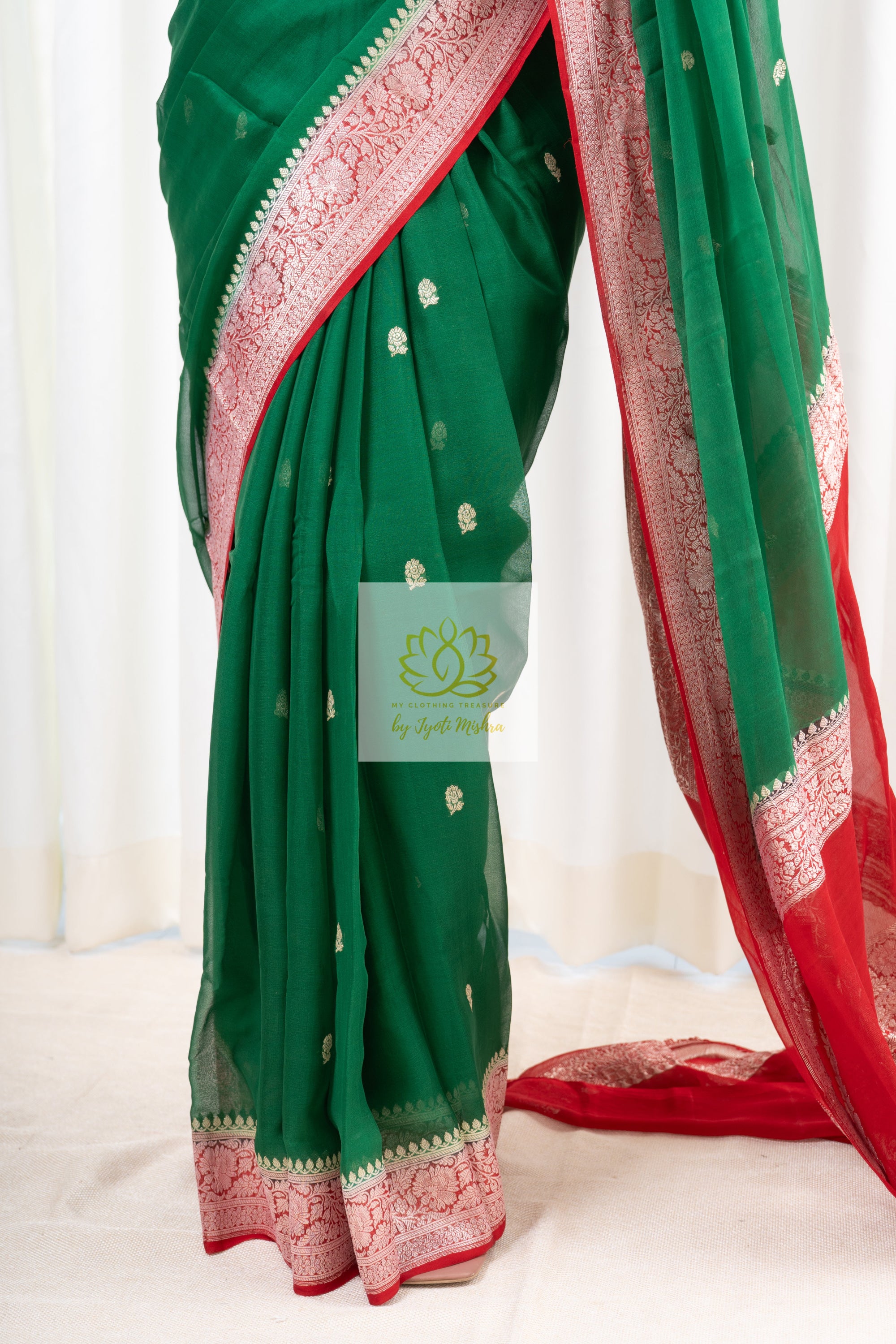 Handwoven Banarasi Khaddi Chiffon Saree- Green & Red Saree