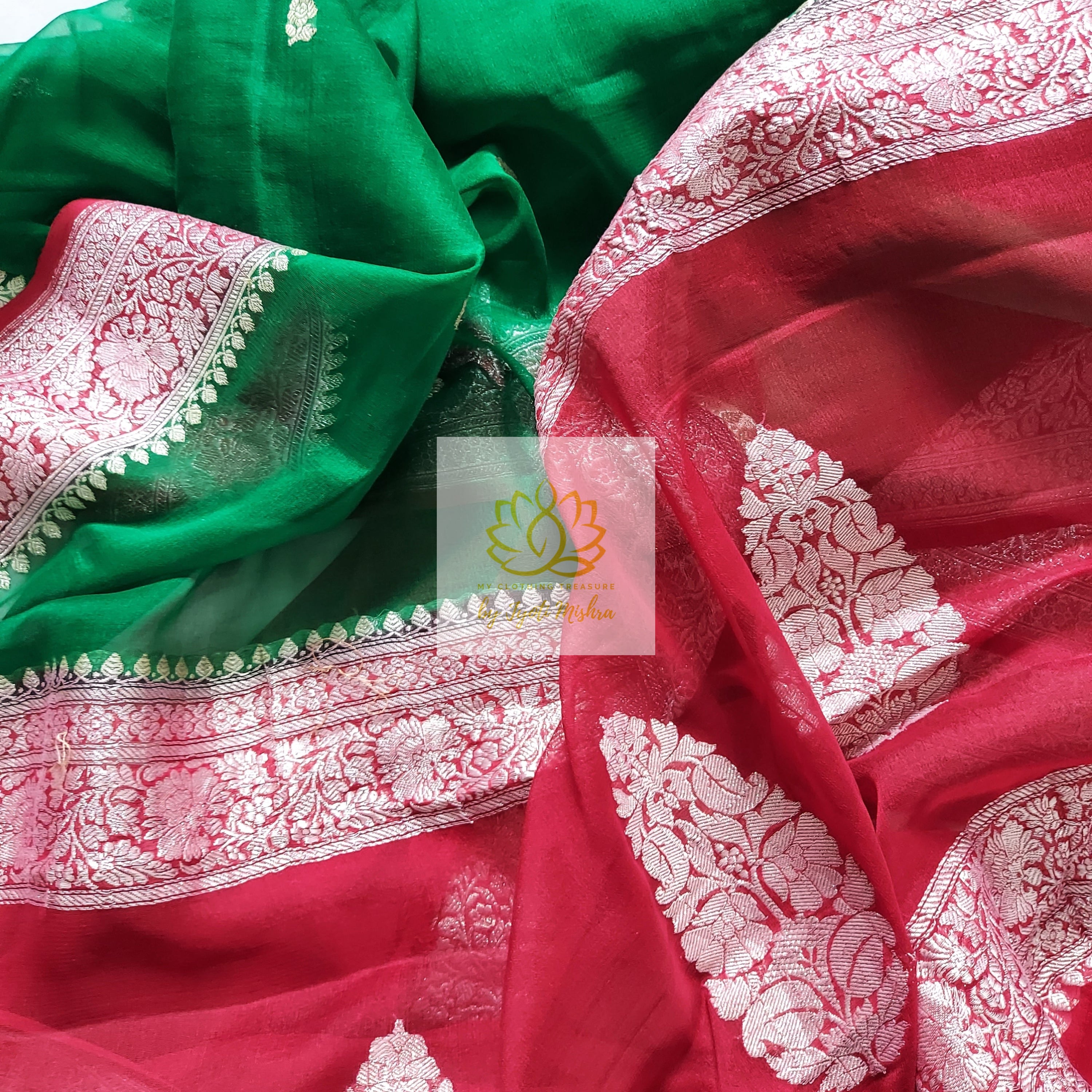 Banarasi Chiffon Saree- Green & Red Saree