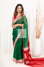 Load image into Gallery viewer, Handwoven Banarasi Khaddi Chiffon Saree- Green &amp; Red Saree
