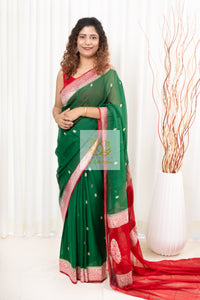 Handwoven Banarasi Khaddi Chiffon Saree- Green & Red Saree