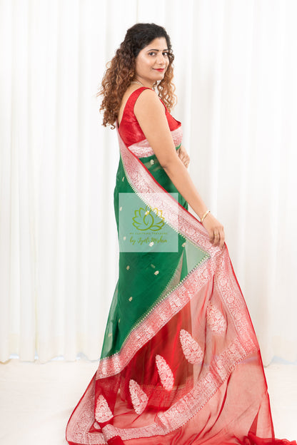 Handwoven Banarasi Khaddi Chiffon Saree- Green & Red Saree