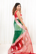 Load image into Gallery viewer, Handwoven Banarasi Khaddi Chiffon Saree- Green &amp; Red Saree
