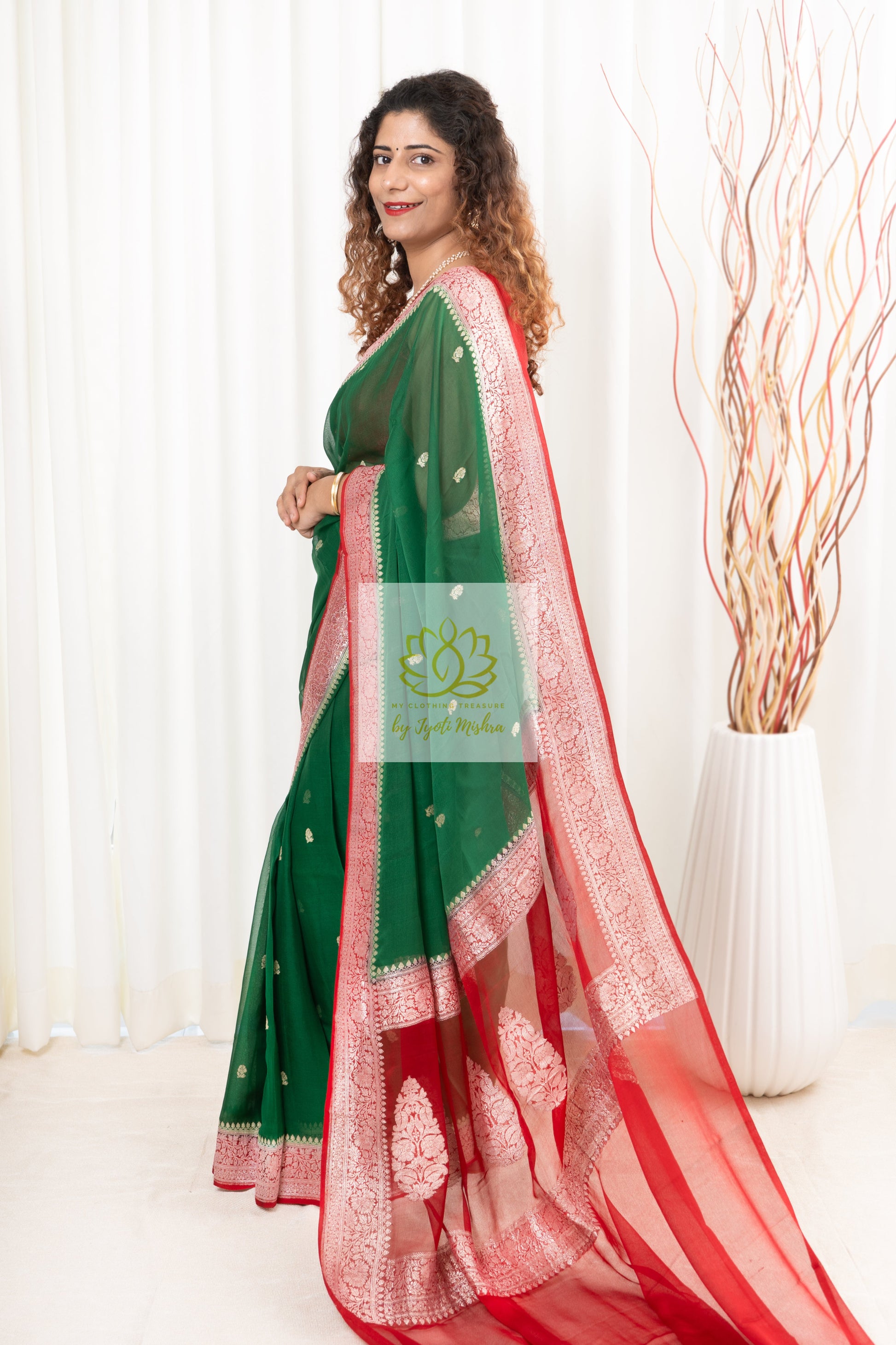 Handwoven Banarasi Khaddi Chiffon Saree- Green & Red Saree