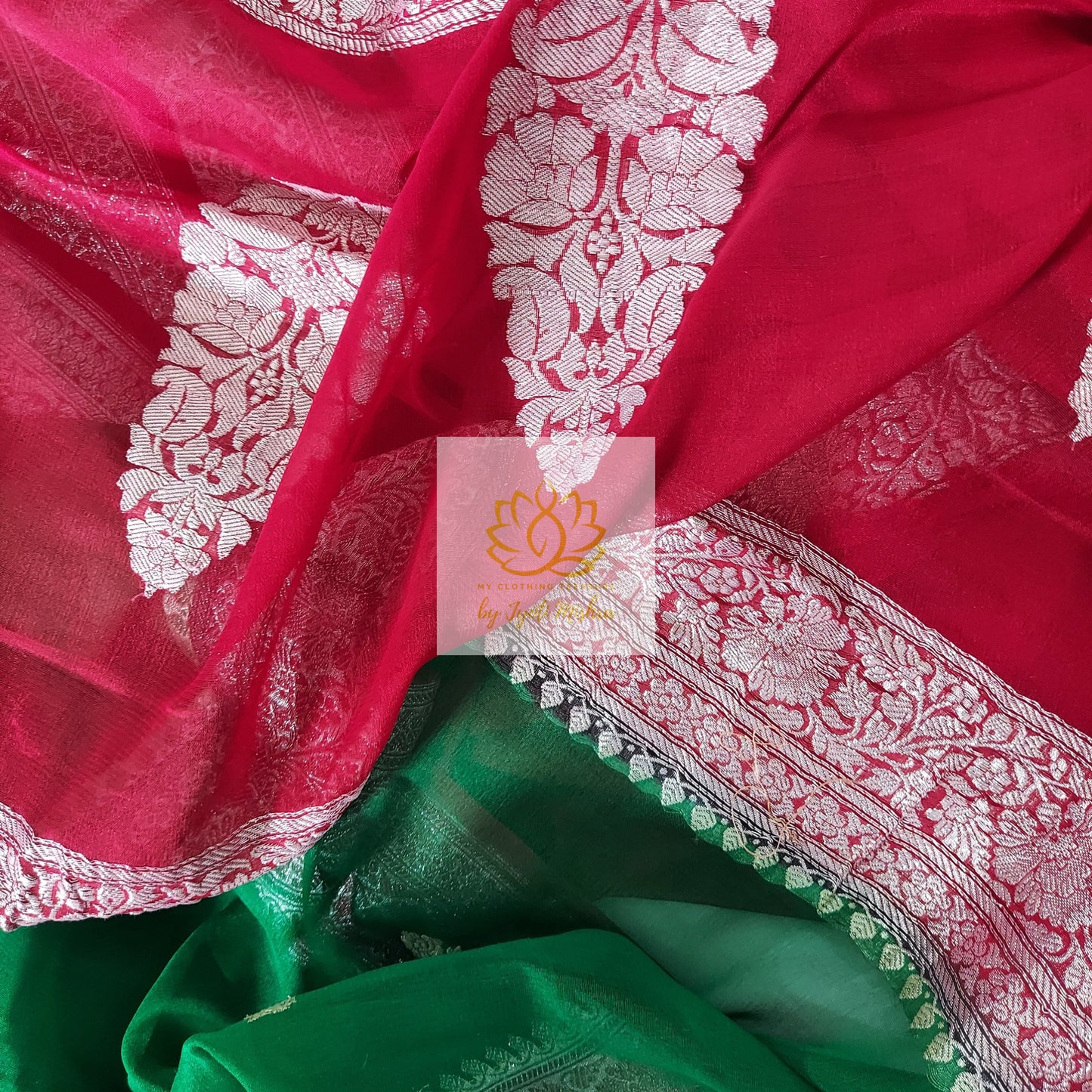 Banarasi Chiffon Saree- Green & Red Saree