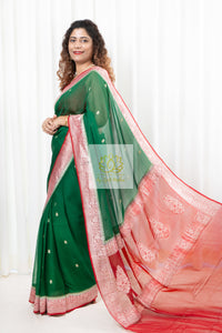 Handwoven Banarasi Khaddi Chiffon Saree- Green & Red Saree