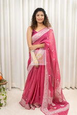 Load image into Gallery viewer, Handwoven Banarasi Khaddi Chiffon Saree- Mauve Pink Saree
