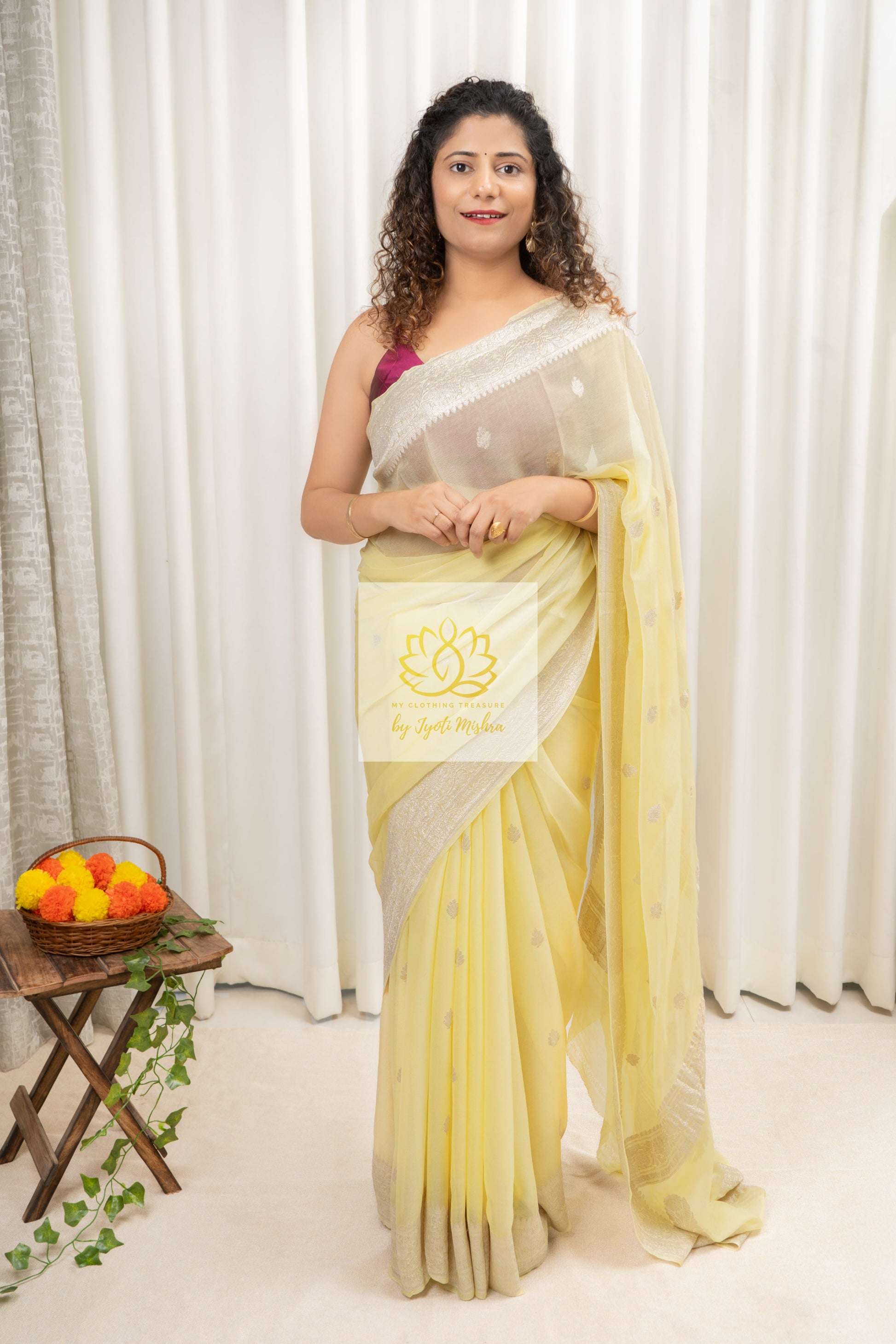 Handwoven Banarasi Khaddi Chiffon Saree- Pale Yellow Saree