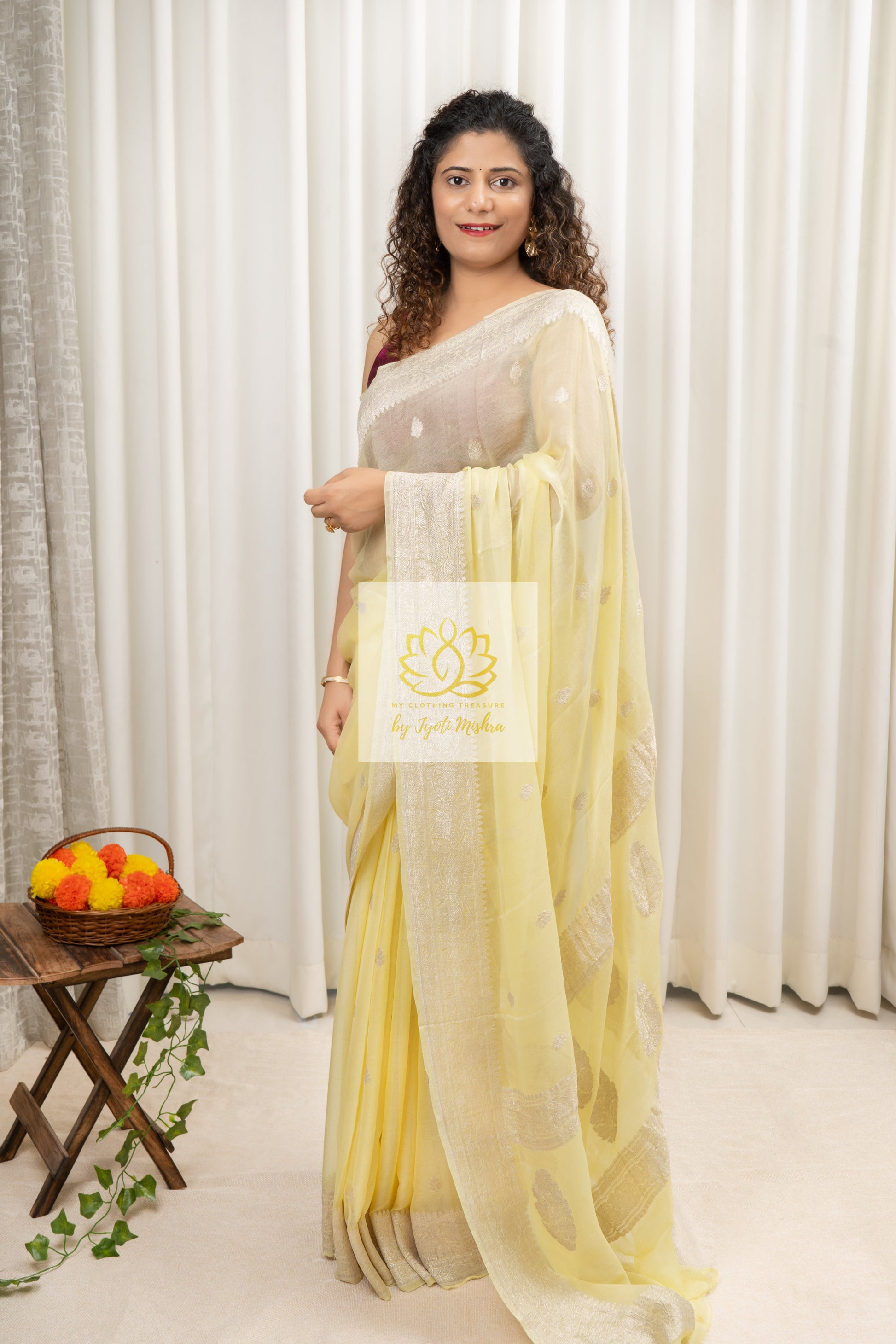 Handwoven Banarasi Khaddi Chiffon Saree- Pale Yellow Saree