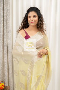 Handwoven Banarasi Khaddi Chiffon Saree- Pale Yellow Saree