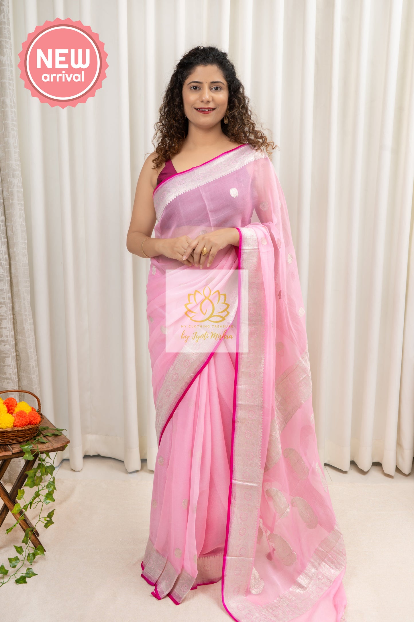 Handwoven Banarasi Khaddi Chiffon Saree- Pink Saree