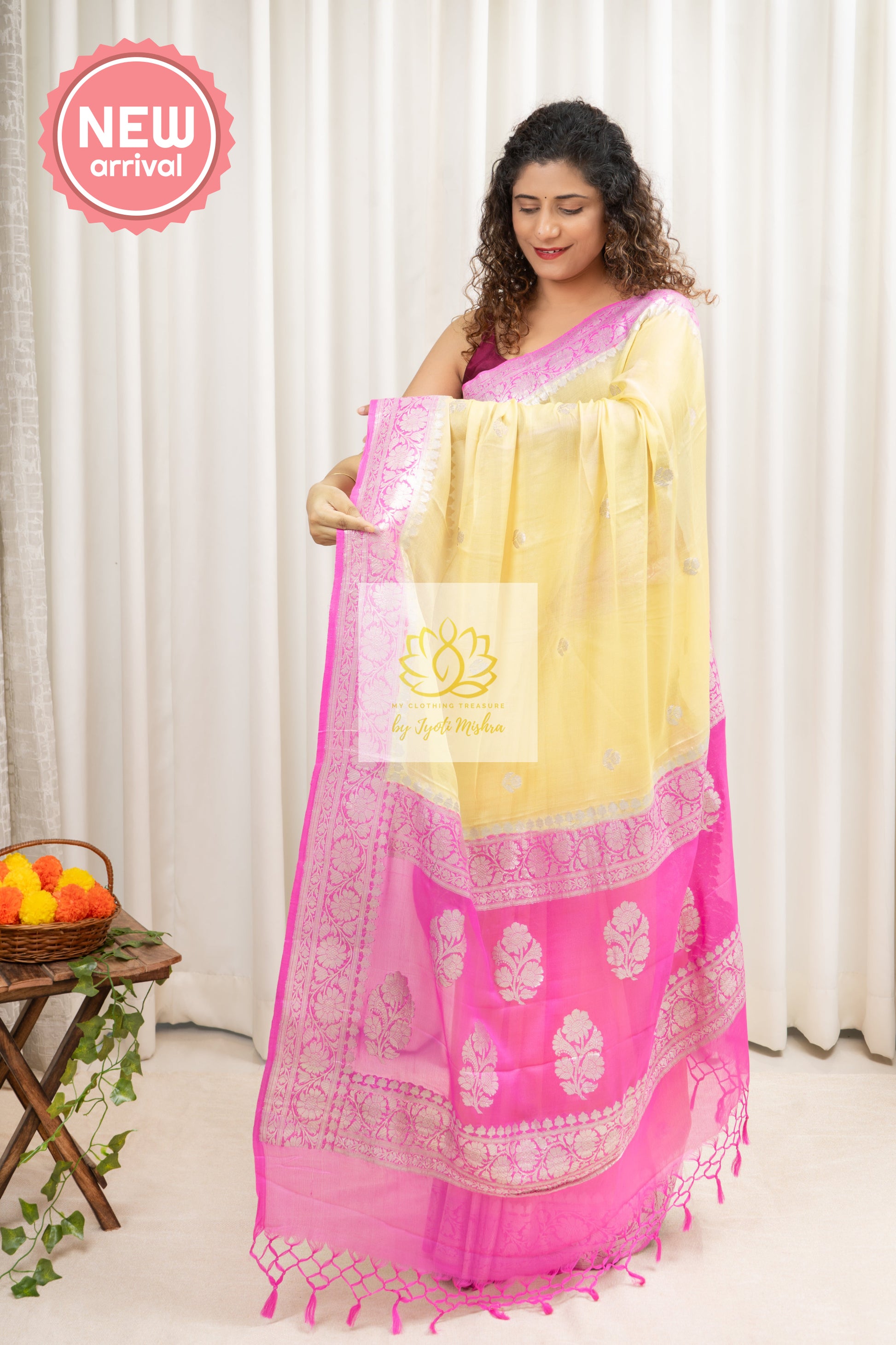 Handwoven Banarasi Khaddi Crepe Saree- Yellow Saree