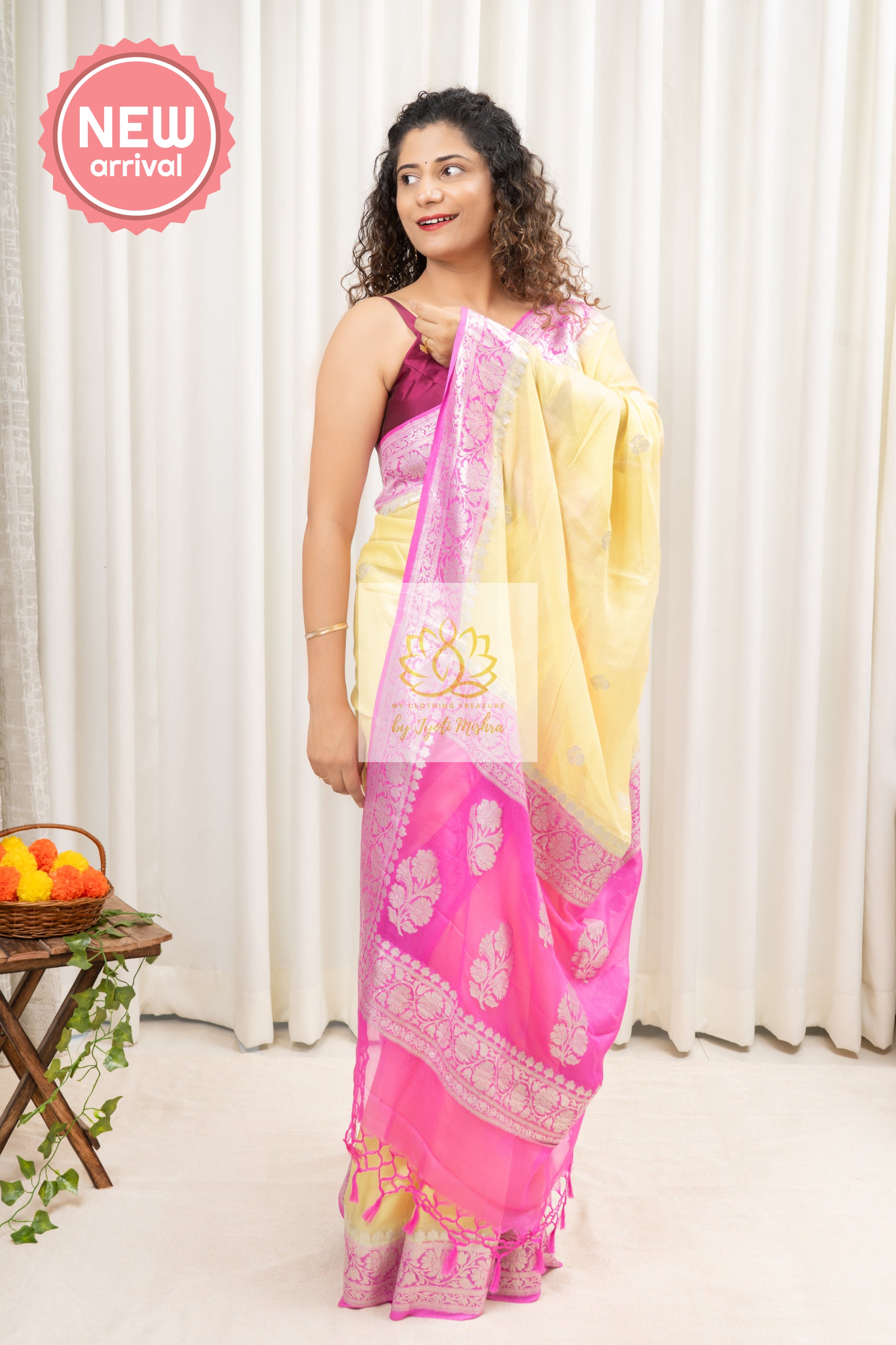 Handwoven Banarasi Khaddi Crepe Saree- Yellow Saree