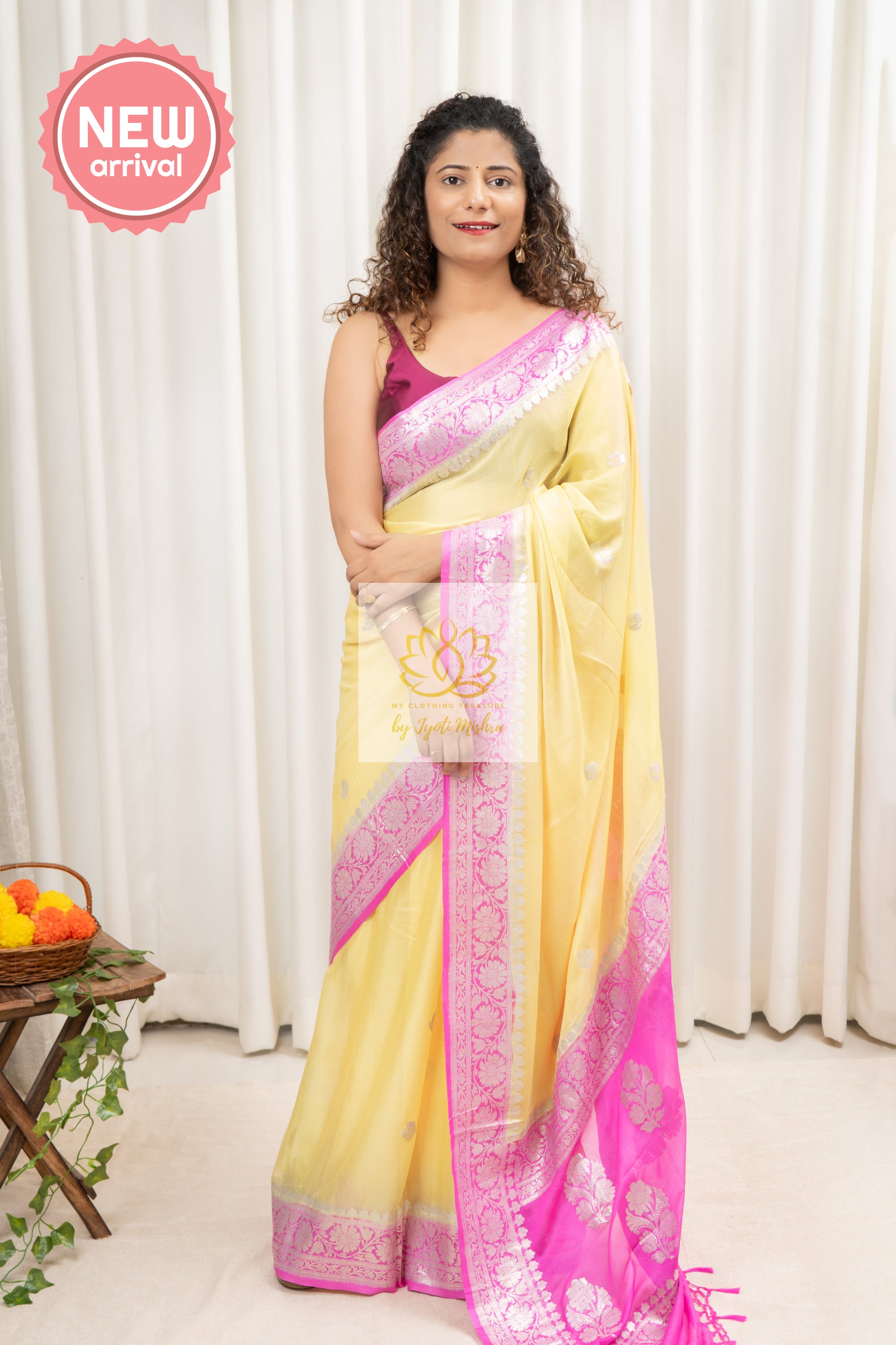 Handwoven Banarasi Khaddi Crepe Saree- Yellow Saree