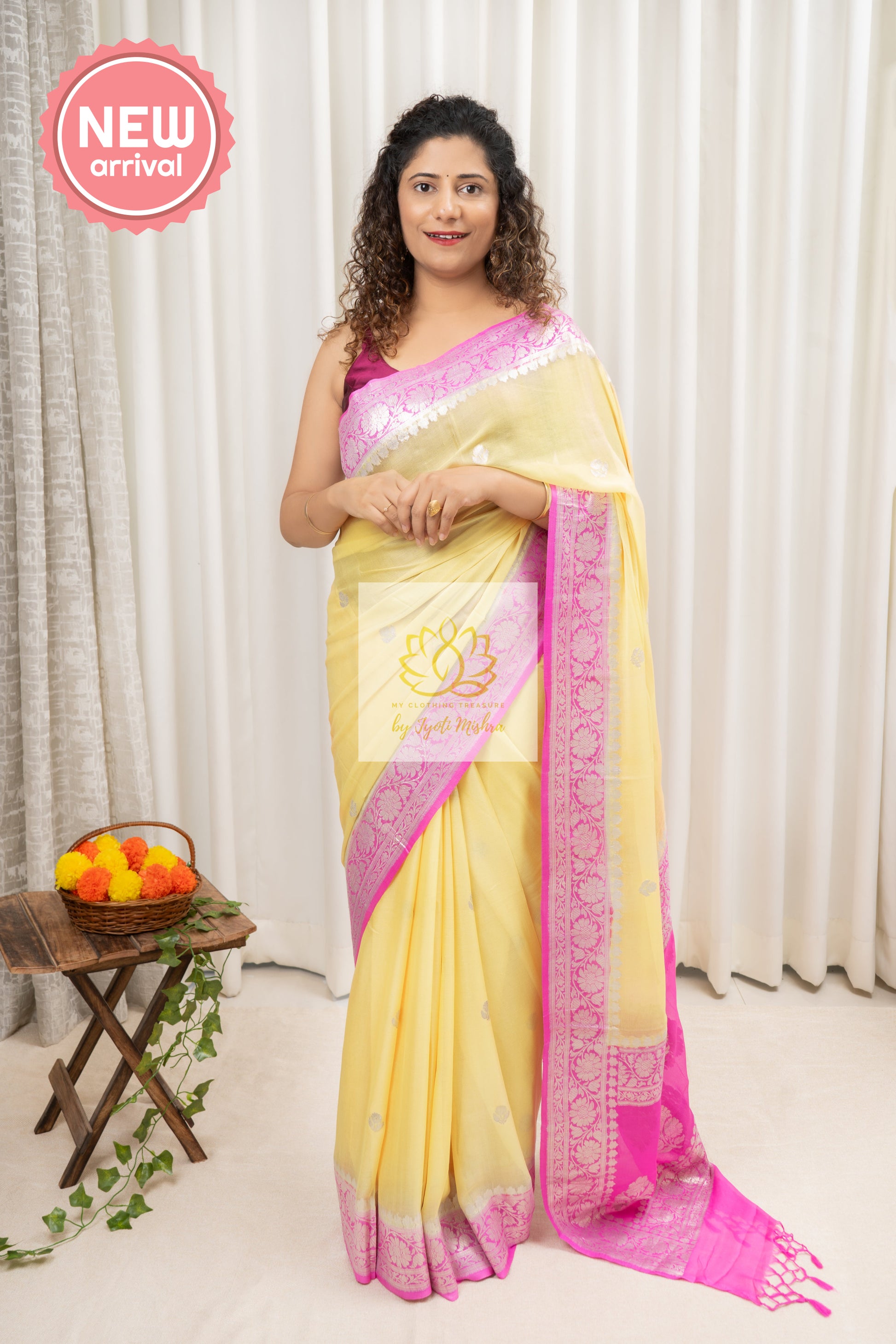 Handwoven Banarasi Khaddi Crepe Saree- Yellow Saree