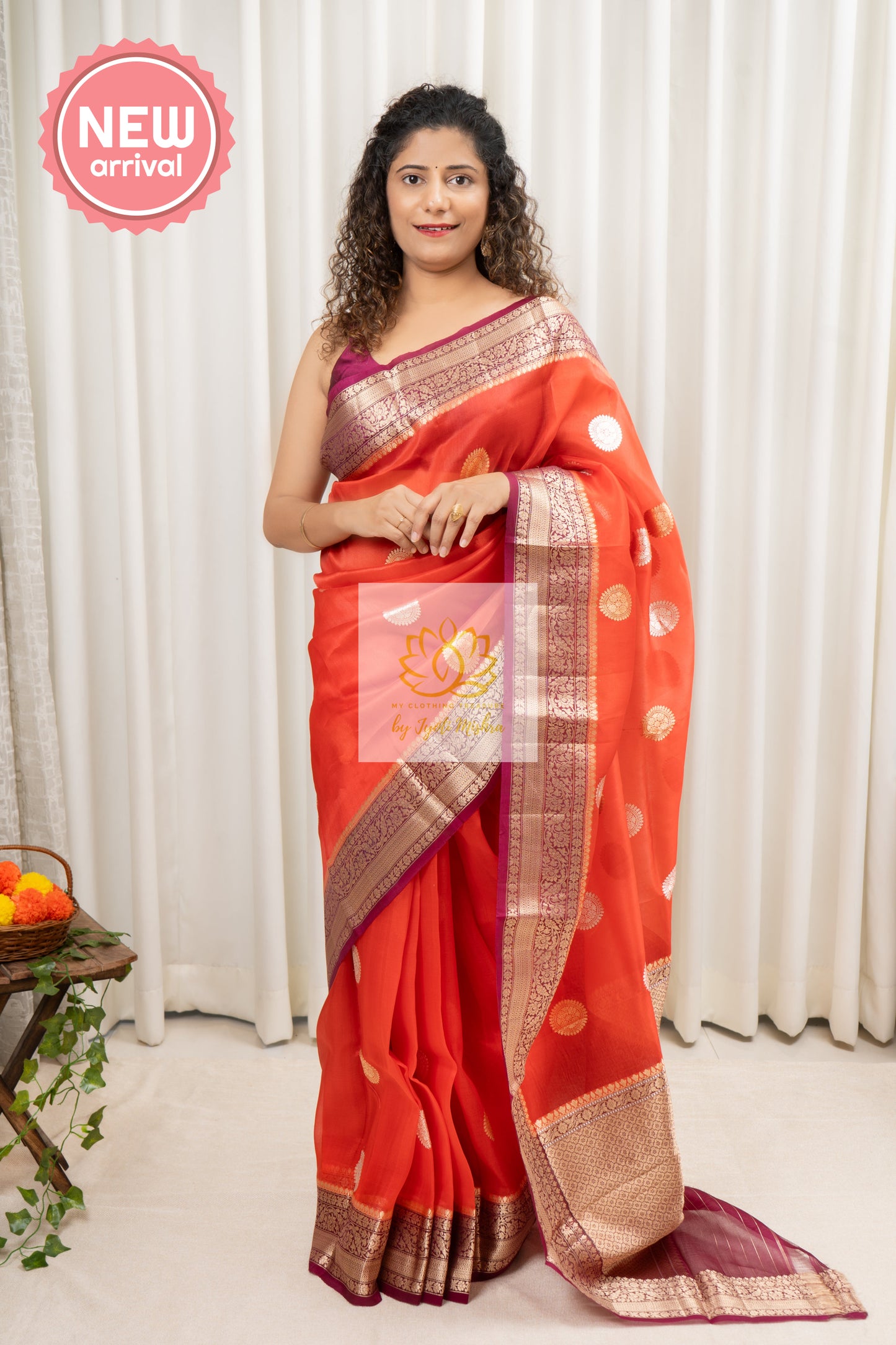 Handwoven Banarasi Kora Silk Saree- Orange Saree