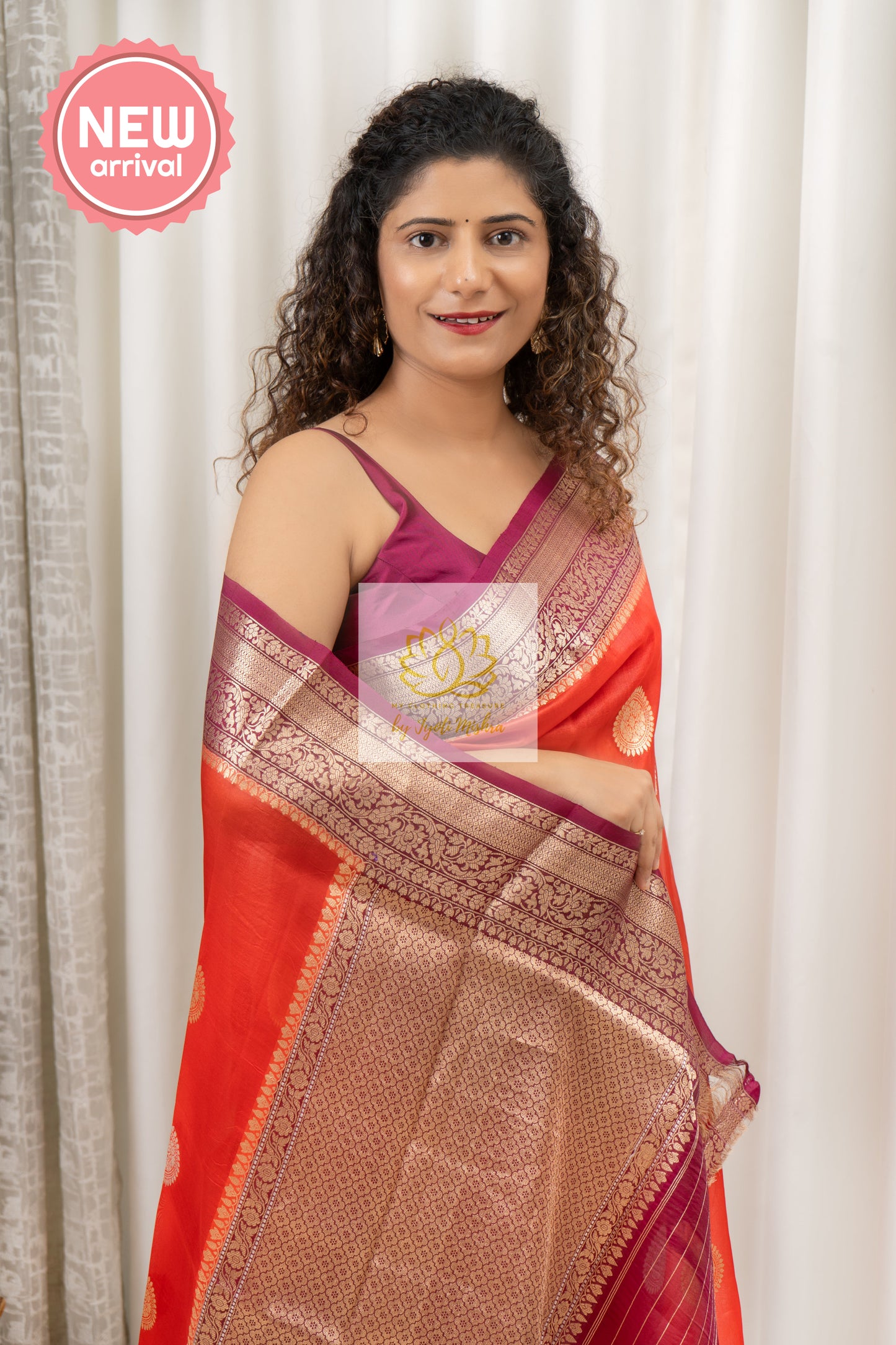 Handwoven Banarasi Kora Silk Saree- Orange Saree