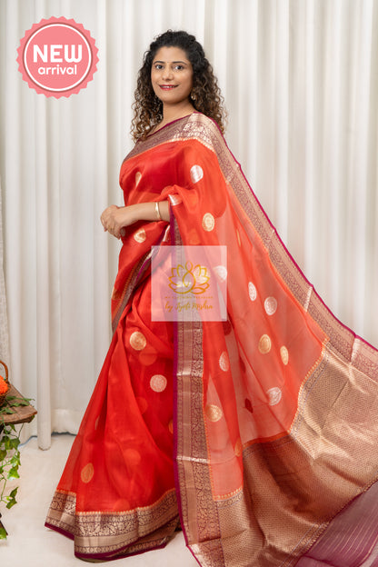 Handwoven Banarasi Kora Silk Saree- Orange Saree