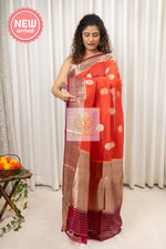 Load image into Gallery viewer, Handwoven Banarasi Kora Silk Saree- Orange Saree
