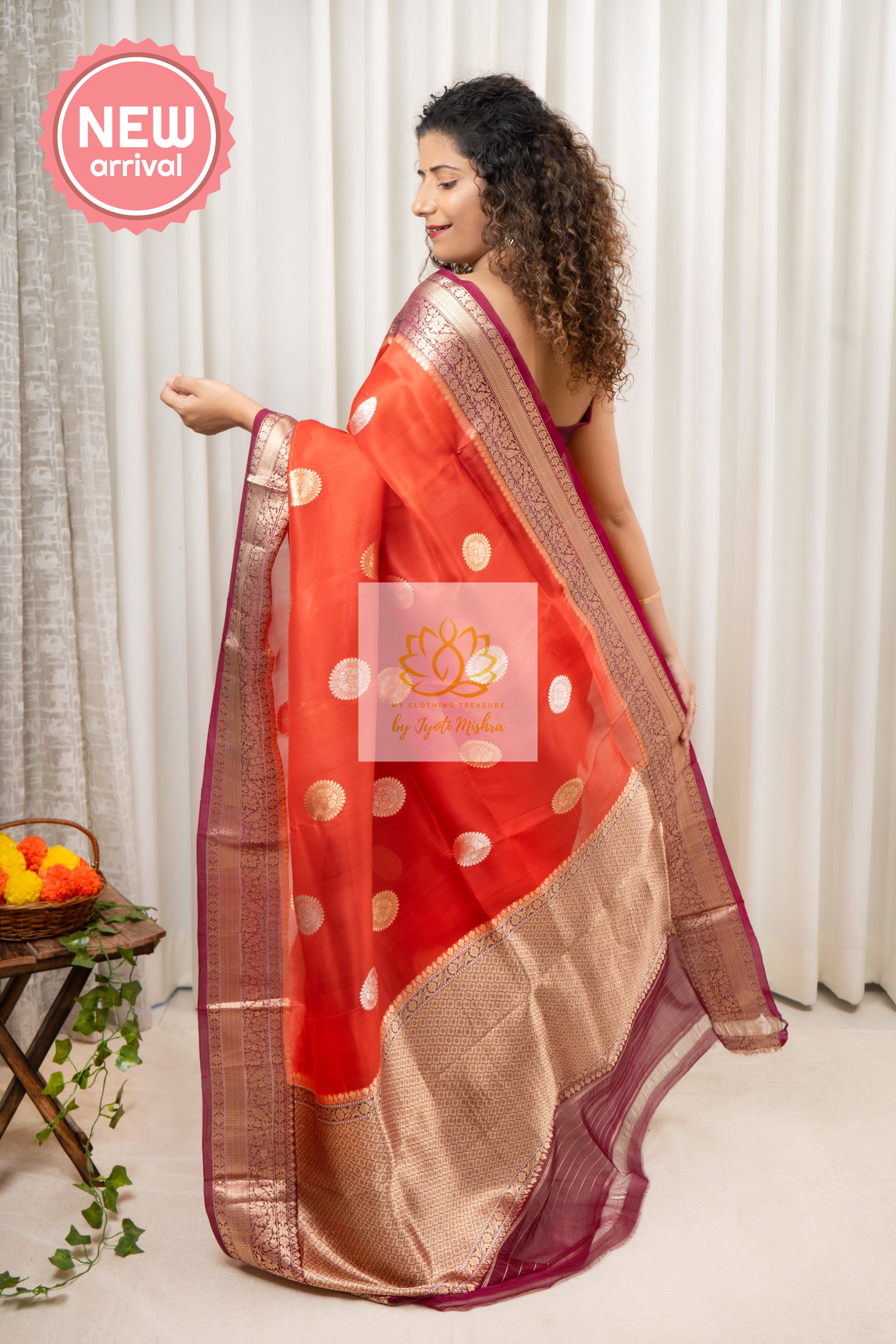 Handwoven Banarasi Kora Silk Saree- Orange Saree