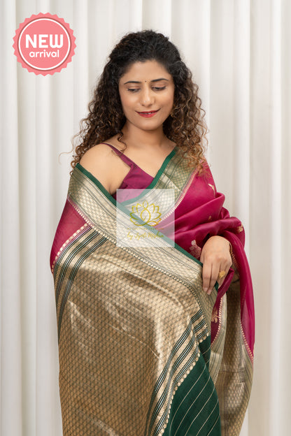 Handwoven Banarasi Kora Silk Saree- Wine Pink Saree