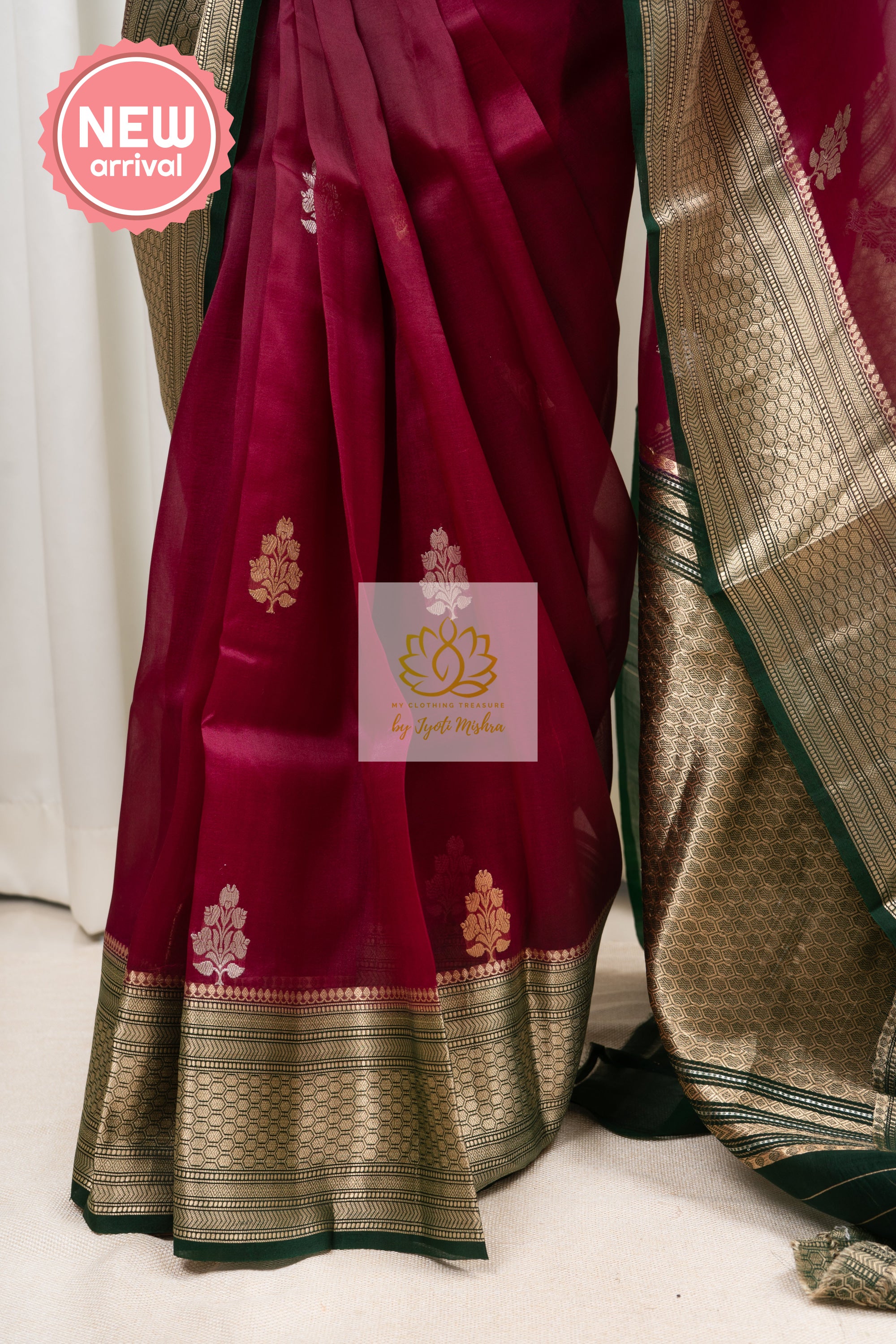 Handwoven Banarasi Kora Silk Saree- Wine Pink Saree