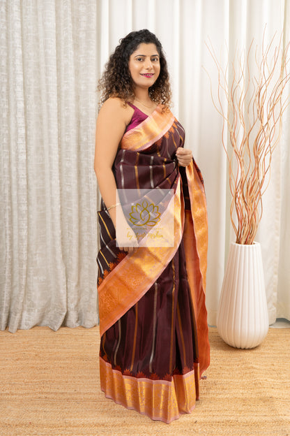 Handwoven Gadwal Pure Silk Saree - Deep Coffee Brown Saree