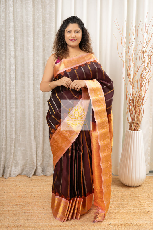 Handwoven Gadwal Pure Silk Saree - Deep Coffee Brown Saree