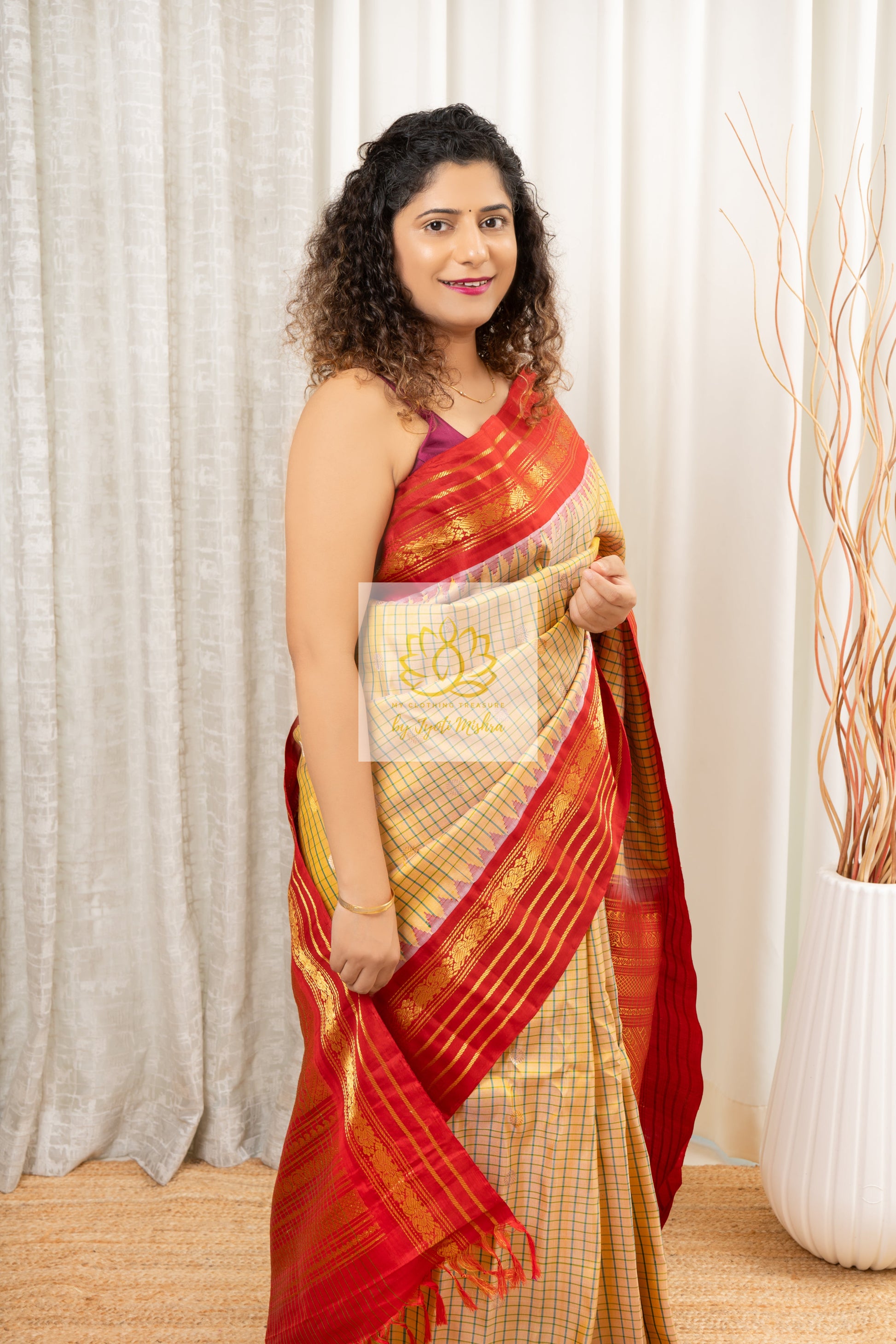 Handwoven Gadwal Pure Silk Saree - Pale Gold Saree