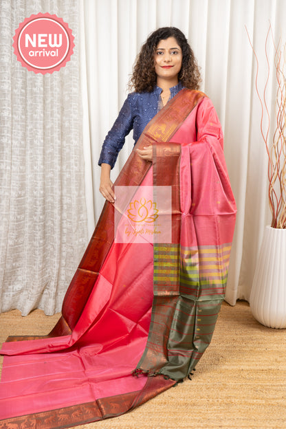 Handwoven Kanchi Border Banana Pith Silk Saree With Blouse Piece Saree