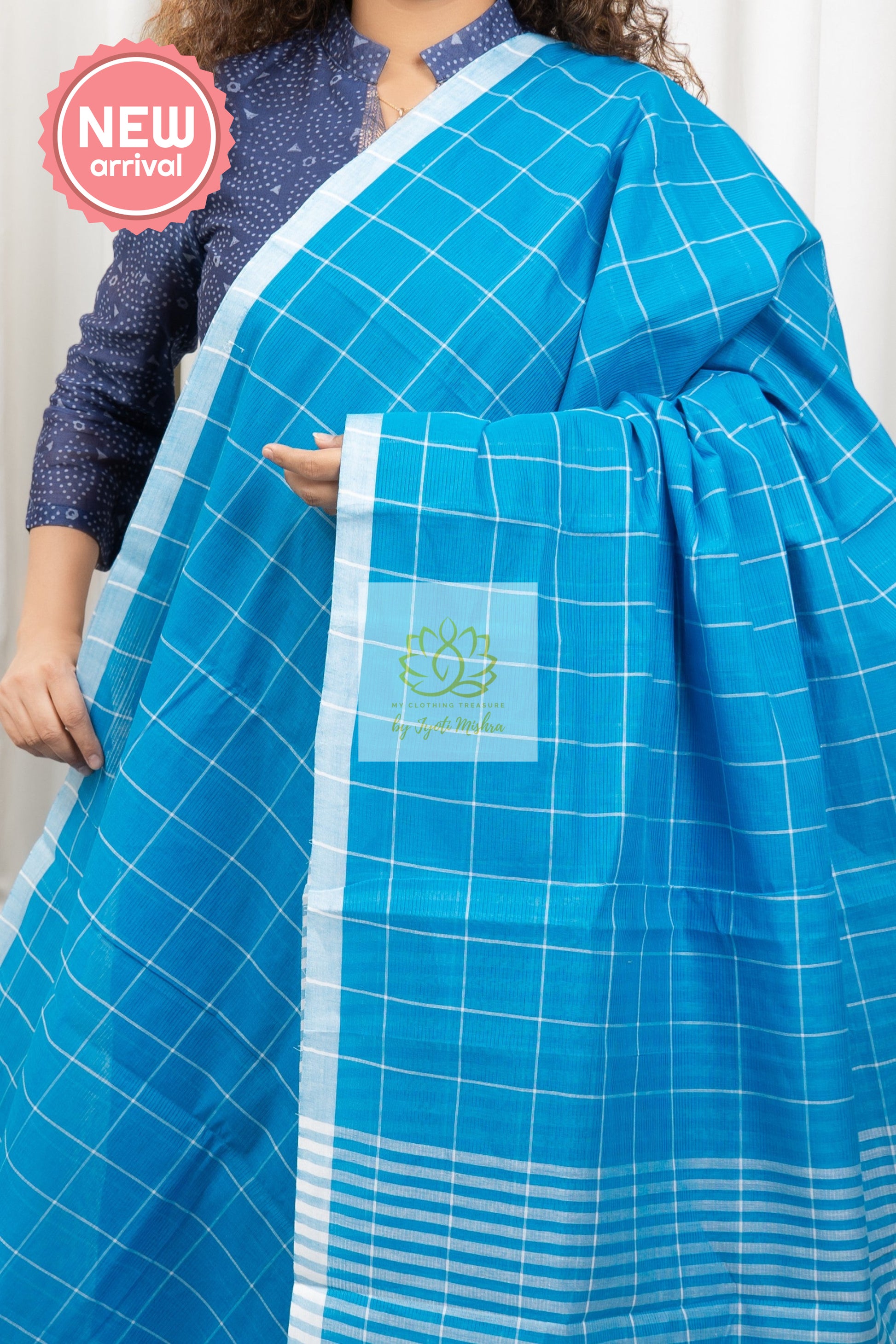 Handwoven Mangalagiri Cotton Checks Saree- Blue