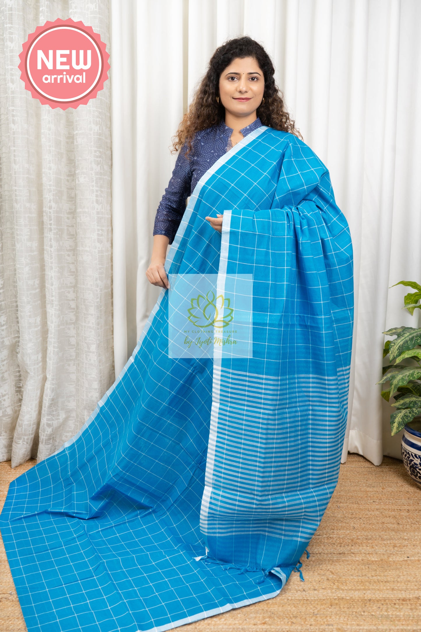 Handwoven Mangalagiri Cotton Checks Saree- Blue