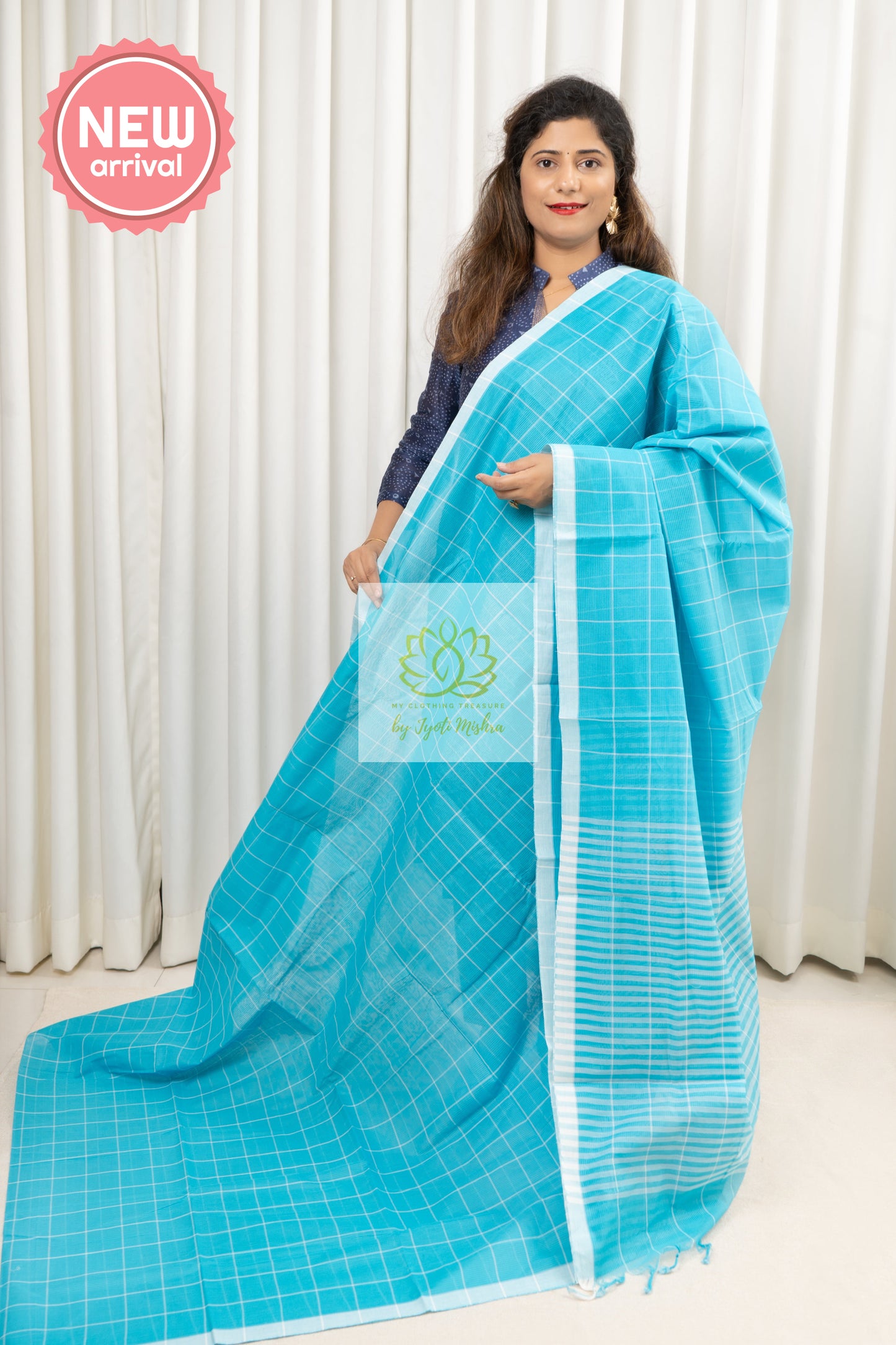 Handwoven Mangalagiri Cotton Checks Saree- Blue