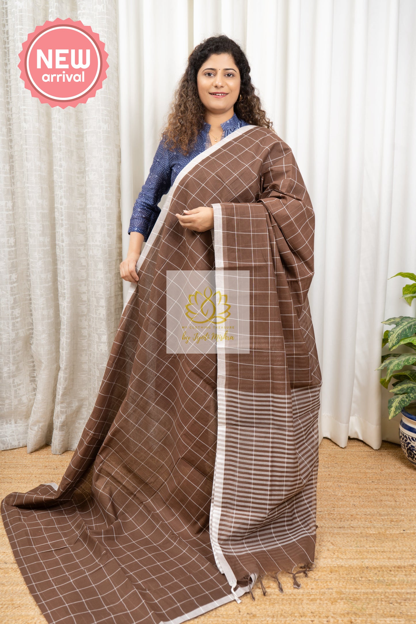 Handwoven Mangalagiri Cotton Checks Saree- Brown