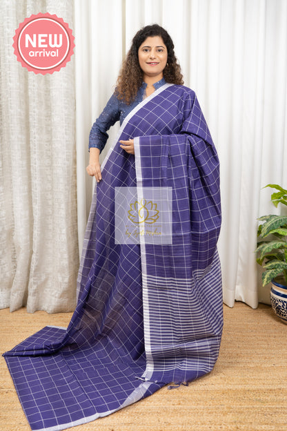 Handwoven Mangalagiri Cotton Checks Saree- Dark Blue