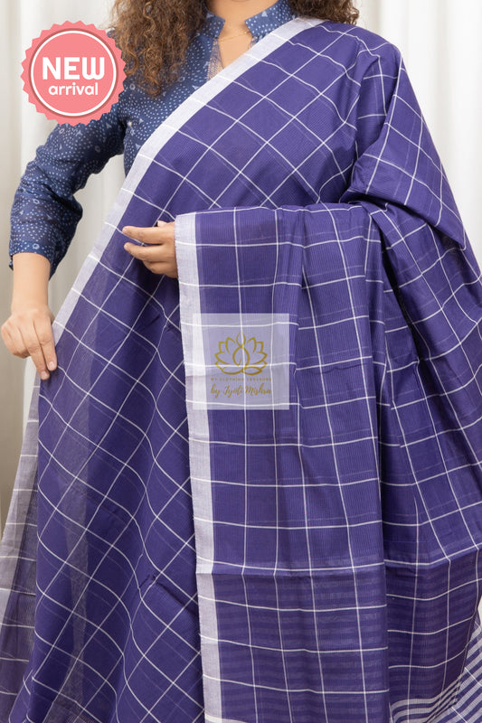 Handwoven Mangalagiri Cotton Checks Saree- Dark Blue