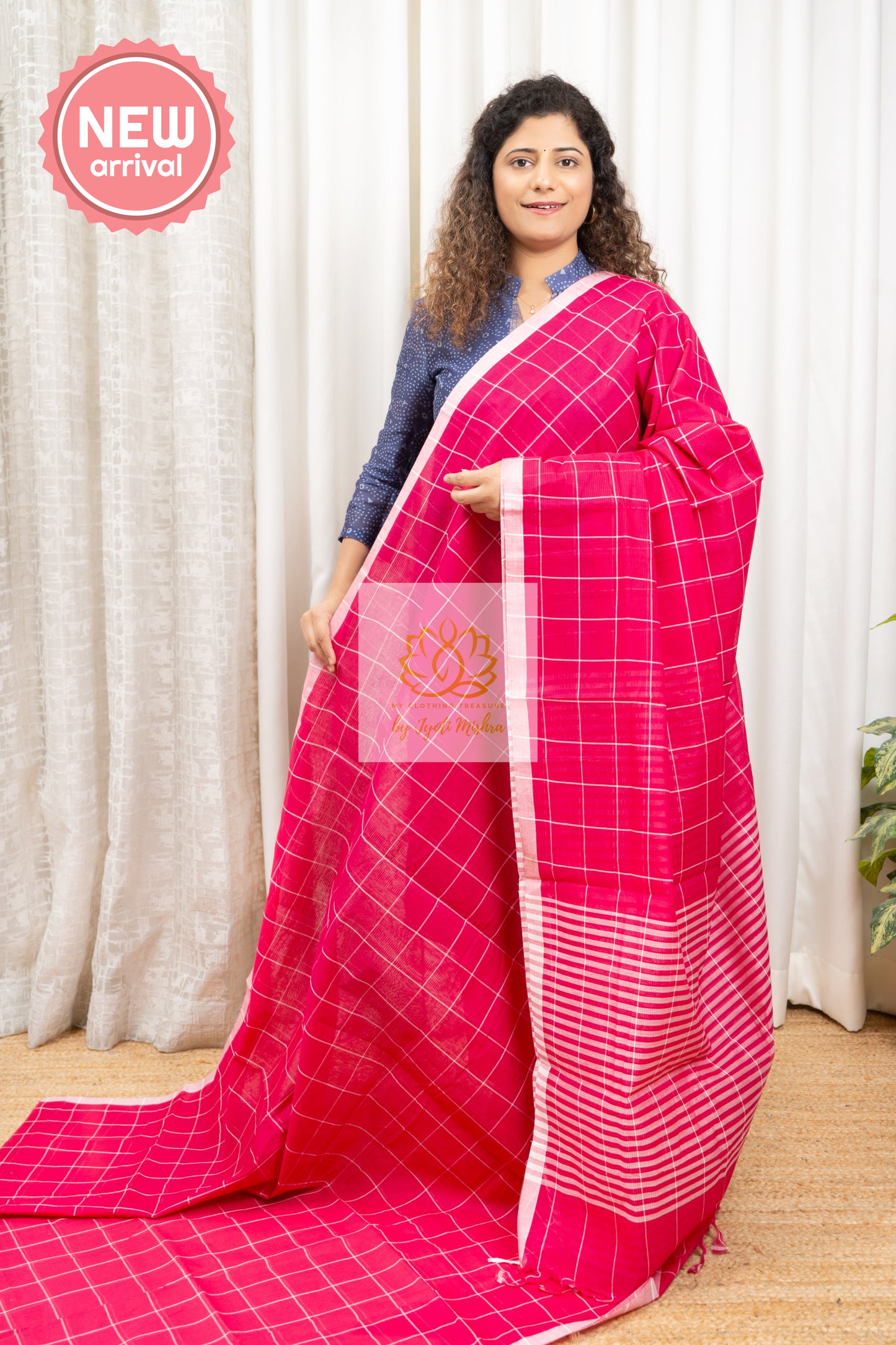 Handwoven Mangalagiri Cotton Checks Saree- Deep Pink