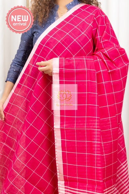 Handwoven Mangalagiri Cotton Checks Saree- Deep Pink